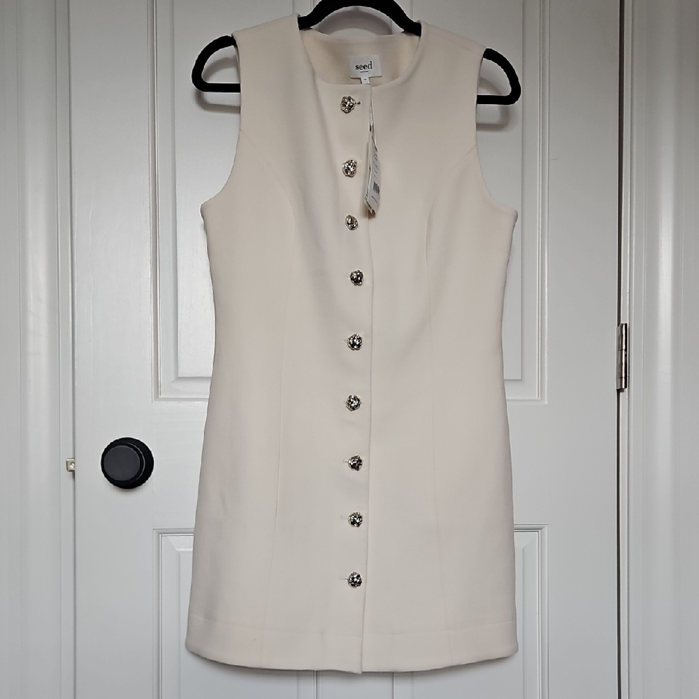 Seed Heritage Cream Sleeveless Shift Dress with Decorative Buttons